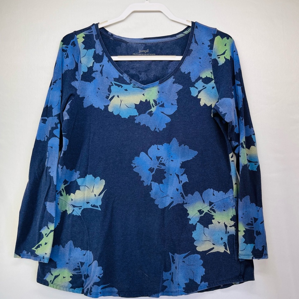 J. Jill Navy Blue Floral Long Sleeve‎ Tee with Light Blue and Lime Accents